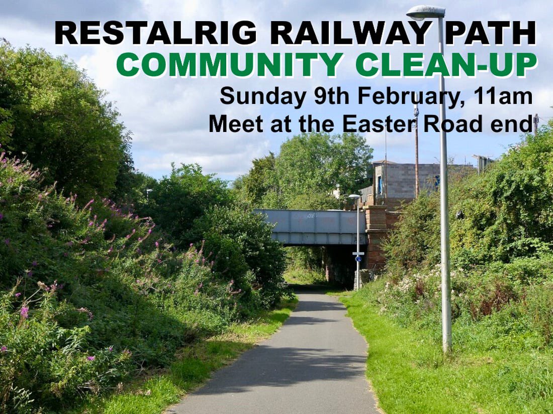 Community Litterpick- a local resident is organising a litterpick on the Restalrig path next Sunday. Leith Links Community Council
is supporting. Please
come along and help, if you can. Litterpicking is quite fun, actually!