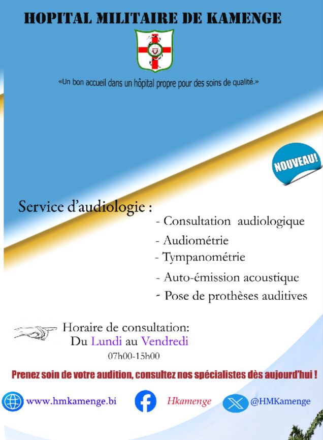 Hôpital Militaire de Kamenge(H.M.K) (@hmkamenge) on Twitter photo L’<a href="/HMKamenge/">Hôpital Militaire de Kamenge(H.M.K)</a> ouvre un service d’audiologie pour une meilleure prise en charge des troubles auditifs .
#HMK #Audiologie #SantéAuditive #InnovationMédicale L’<a href="/HMKamenge/">Hôpital Militaire de Kamenge(H.M.K)</a> ouvre un service d’audiologie pour une meilleure prise en charge des troubles auditifs .
#HMK #Audiologie #SantéAuditive #InnovationMédicale