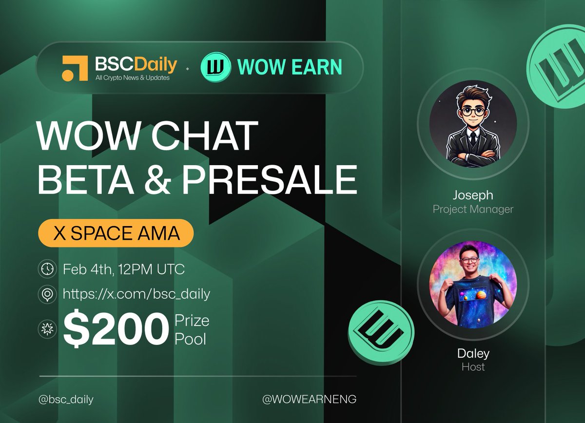 bsc_daily's tweet image. Join our Space AMA with @WOWEARNENG - WOW Chat Beta Release &amp;amp; Upcoming Presales

📍 Venue: x.com/i/spaces/1BRKj…

🗓 Feb 4th, 12PM UTC

💰$200 #Giveaways ⬇️

1️⃣ Follow @WOWEARNENG 
2️⃣ Ask questions on X!
3️⃣ Like &amp;amp; RT

#Sponsored