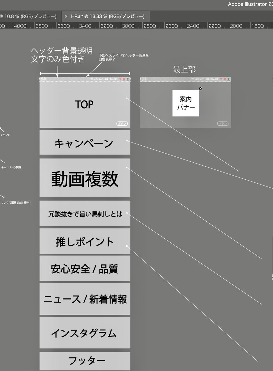 HPリニューアル進行中！
Illustratorでざっくり配置し、ここから詰めていきます。

さて、2月も始まり、最初の平日が終わりつつありますね。皆様はどんな1日でしたか？