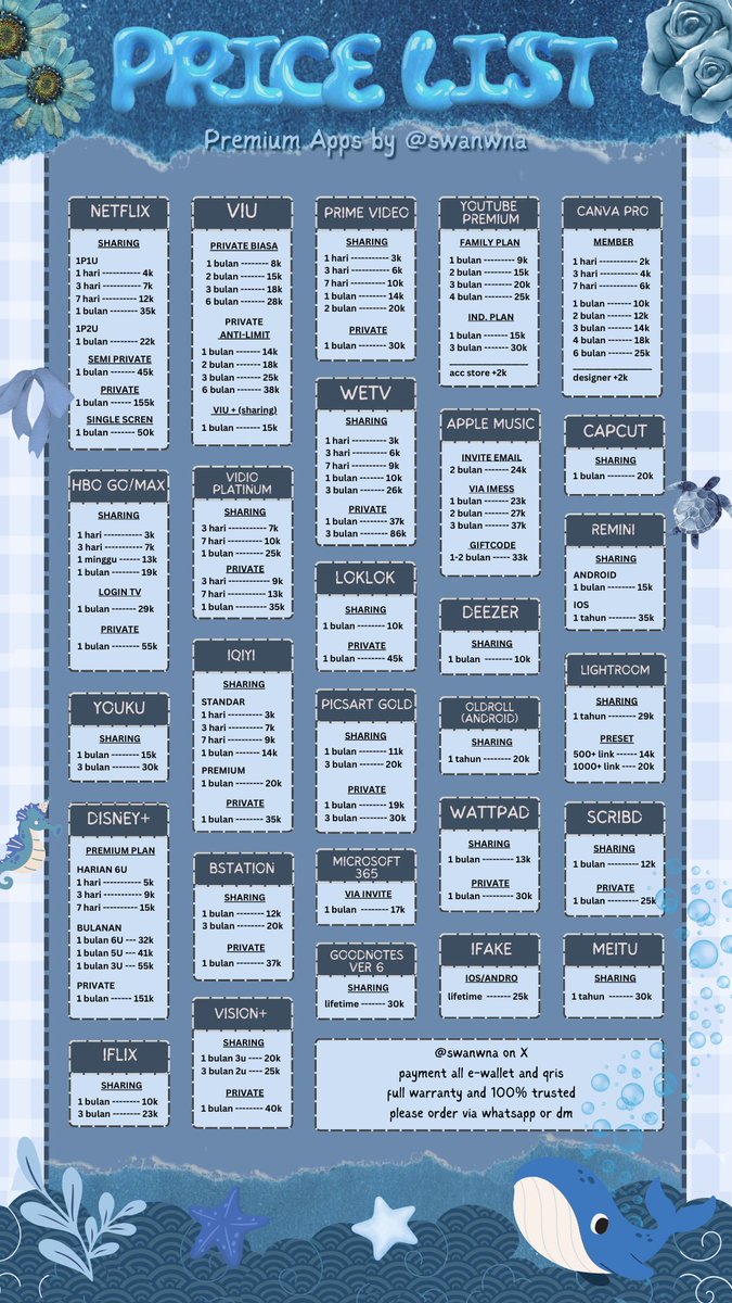 opeeen yaaa 🌷 ada netflix viu canva capcut wetv prime disney dll #zonauang

wa : s.id/wa-swanwna