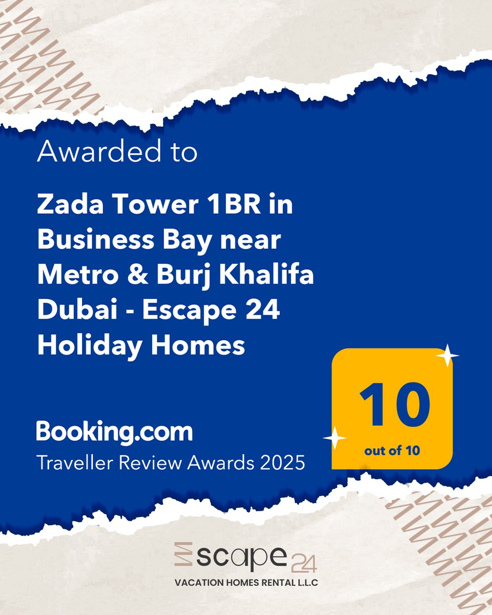 Escape24dubai's tweet photo. Its time to celebrate 🎉 🎉 🎉We were just awarded the "Traveller Review Award 2025" by https://t.co/6nhhQo4Gww 
A big thankyou to our wonderful guests who stayed with us. 🙏
#booking.com #escape24holidayhomes #awards #shorttermrentals #dubaiholidayhomes #dubaivacationhomes https://t.co/5FGdM5OCXt