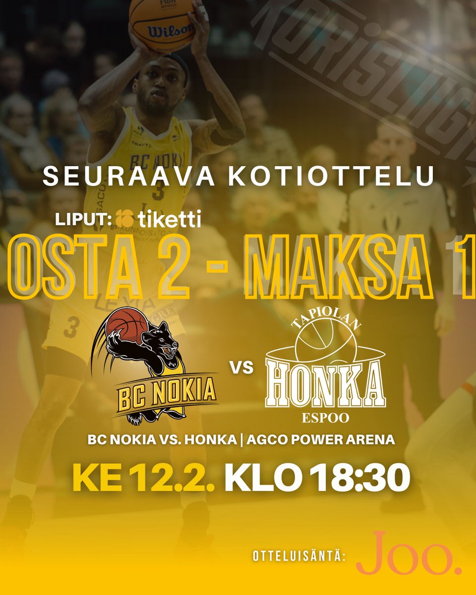 BCNokia's tweet photo. 🔥 HELMIKUUN AINOA KOTIOTTELU – OSTA 2, MAKSA 1! 🔥
🏀 BC Nokia vs. Tapiolan Honka
📅 Keskiviikkona 12.2. | Näätäluola
🎟 Liput: https://t.co/hW9pbG8Yyq tai BC Nokia Shopista
#bcnokia #yellowrush💛 #korisliiga https://t.co/CqviIaR9Hv