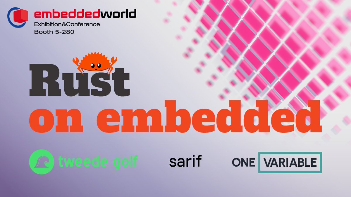 We’ll be at Embedded World 2025, booth 5-280, 'Rust on Embedded'!

Exhibiting Rust's strengths in embedded engineering with OneVariable and Sarif.

More about our class, talks, booth; or book a time slot with us: tweedegolf.nl/en/embedded-wo…

@Wassasin <a href="/bitshiftmask/">James Munns</a> <a href="/Geoxion/">Dion Dokter</a> 
#ew25