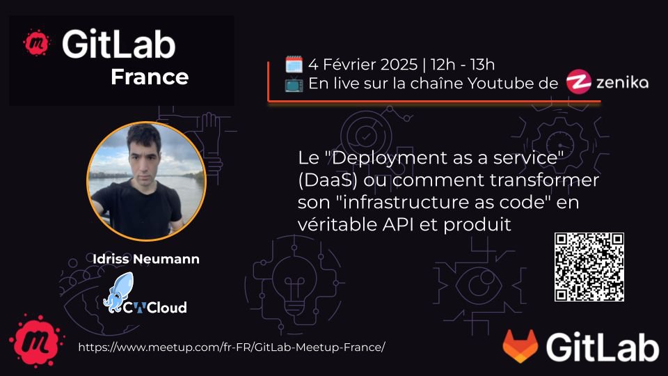 Rappel demain entre 12h et 13h, notre CTO @idriss_neumann interviendra au meetup de
<a href="/gitlab/">🦊 GitLab</a> France sur la chaine YouTube de #zenika pour parler de Deployment as a Service (DaaS) avec cwcloud ! Venez nombreux ! meetup.com/fr-FR/gitlab-m…