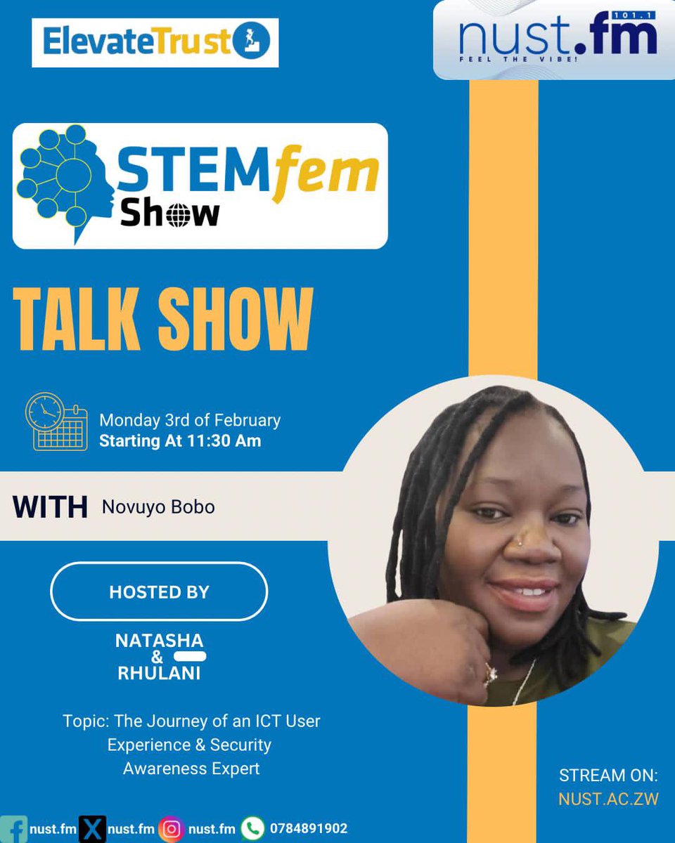 nustfmzw's tweet photo. Make sure you don’t miss today #Stemfemshow with Natasha and Rhulani as they talk about “ The journey of an ICT user experience and security awareness expert “.

🕣: 11300Hrs
📻: 101.1 Fm
📲: 0784891902
Listen live: https://t.co/ufRzQUEjFn https://t.co/mJ1g9INrjw