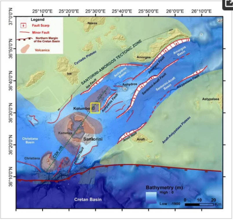 gtzi's tweet photo. Volcano or tectonic shift? 

(Disclaimer: I'm not an expert!)

A recent paper on the Kolumbo volcano (see first pic for its exact location): https://t.co/q3jm4mUhHP

The location of tectonic plates in the region (pic 2, source: https://t.co/iqpZWaxaG3)

vs the location and frequency of recent earthquakes (pics 3 & 4, increasingly more frequent and with a depth of up to 15km source: https://t.co/hitz8Z7VJD)

Also, how to classify between volcano vs tectonic shifts earthquakes, from a quick DeepSeek query:

A sequence of earthquakes related to a volcano can differ significantly from those caused by tectonic shifts in terms of their characteristics, patterns, and underlying mechanisms. Here's a breakdown of the key differences:

---

### **1. Cause of Earthquakes**
- **Volcanic Earthquakes**:
  - Caused by the movement of magma beneath or within a volcano.
  - Result from pressure changes as magma rises, fractures rock, or interacts with the surrounding crust.
  - May also occur due to the collapse of volcanic structures or hydrothermal activity.

- **Tectonic Earthquakes**:
  - Caused by the movement of tectonic plates along faults.
  - Result from the release of accumulated stress due to plate interactions (e.g., subduction, divergence, or transform boundaries).

---

### **2. Depth of Earthquakes**
- **Volcanic Earthquakes**:
  - Typically shallow, occurring within **10 kilometers (6 miles)** of the surface, as magma movement is concentrated in the upper crust.
  - Some deeper earthquakes may occur as magma rises from deeper reservoirs.

- **Tectonic Earthquakes**:
  - Can occur at a wide range of depths, from shallow (near the surface) to deep (up to **700 kilometers or 435 miles** in subduction zones).

---

### **3. Magnitude and Frequency**
- **Volcanic Earthquakes**:
  - Generally smaller in magnitude (usually **< 5.0** on the Richter scale).
  - Often occur in swarms (clusters of many small earthquakes over a short period) rather than as a single large event.
  - Frequency increases as volcanic activity intensifies.

- **Tectonic Earthquakes**:
  - Can range from small to very large magnitudes (up to **9.0+** in subduction zones).
  - May occur as a mainshock followed by aftershocks, or as a sequence of similar-sized earthquakes (foreshocks, mainshock, aftershocks).

---

### **4. Location and Pattern**
- **Volcanic Earthquakes**:
  - Concentrated near the volcano or along its magma pathways.
  - Often migrate over time as magma moves beneath the surface.
  - May show a pattern of increasing frequency and intensity leading up to an eruption.

- **Tectonic Earthquakes**:
  - Occur along fault lines or plate boundaries.
  - Distribution is more linear or planar, following the geometry of the fault.
  - Patterns may include foreshocks, mainshocks, and aftershocks, but not necessarily migration.

---

### **5. Associated Phenomena**
- **Volcanic Earthquakes**:
  - Often accompanied by other signs of volcanic activity, such as:
    - Ground deformation (swelling or subsidence).
    - Increased gas emissions (e.g., sulfur dioxide).
    - Changes in hydrothermal systems (e.g., hot springs or geysers).
  - May precede or accompany an eruption.

- **Tectonic Earthquakes**:
  - Typically not associated with volcanic activity.
  - May cause surface ruptures, landslides, or tsunamis, depending on the magnitude and location.

---

### **6. Duration of Sequence**
- **Volcanic Earthquakes**:
  - Sequences can last for days, weeks, or even months as magma moves and pressure builds.
  - Activity may decrease after an eruption or continue intermittently.

- **Tectonic Earthquakes**:
  - Sequences are often shorter, with aftershocks decaying over time (hours to years, depending on the mainshock size).
  - Stress redistribution along the fault dominates the sequence.

---

### **Summary**
- **Volcanic earthquakes** are shallow, smaller, and occur in swarms near a volcano, often accompanied by other signs of volcanic activity.
- **Tectonic earthquakes** can occur at various depths, have a wider range of magnitudes, and are associated with fault movements, often following a mainshock-aftershock pattern.

Monitoring these differences helps scientists predict volcanic eruptions and assess tectonic hazards.

If you live in potentially affected areas, please stay safe!

 #σεισμος #ηφαίστειο #santorini