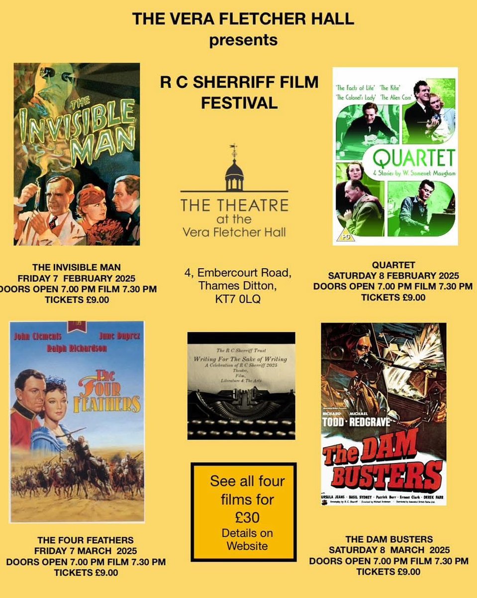 RC Sherriff Trust (@rcsherrifftrust) on Twitter photo 2025 sees the 50th Anniversary of the death of R C Sherriff. This year we will celebrate one of our greatest writers with events and supporting our partner organisations in their commemorations. <a href="/VFHThamesDitton/">Vera Fletcher Hall</a>
rcsherrifftrust.org.uk/writingforthes⦠2025 sees the 50th Anniversary of the death of R C Sherriff. This year we will celebrate one of our greatest writers with events and supporting our partner organisations in their commemorations. <a href="/VFHThamesDitton/">Vera Fletcher Hall</a>
rcsherrifftrust.org.uk/writingforthesā¦
