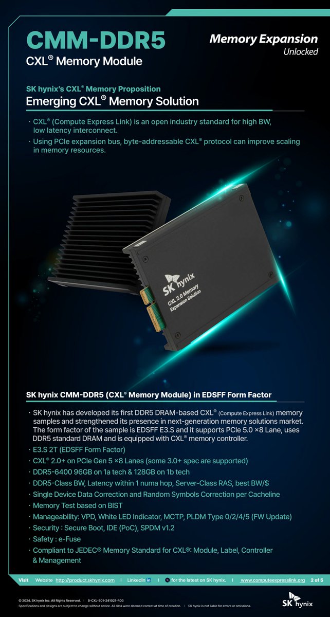 SKhynix's tweet photo. As SoC core counts grow, the gap between memory performance and platform capabilities widens. CMM-DDR5 closes this gap with 82% higher bandwidth per socket and 2x greater capacity, delivering the scalability AI and HPC demand.
 
#SKhynix #CMMDDR5 #DDR5 https://t.co/oY30SFICpl