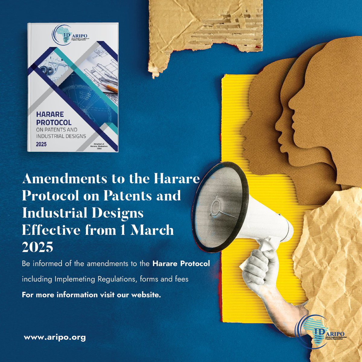 _ARIPO's tweet photo. The ARIPO Harare Protocol on Patents and Industrial Designs and its Implementing Regulations, Forms, and Fees have been amended. 

Please familiarise yourself with the new amendments effective 1 March 2025. 

Click here for more: https://t.co/QI81Tcf5tN

#HarareProtocol https://t.co/T61ya0icZT