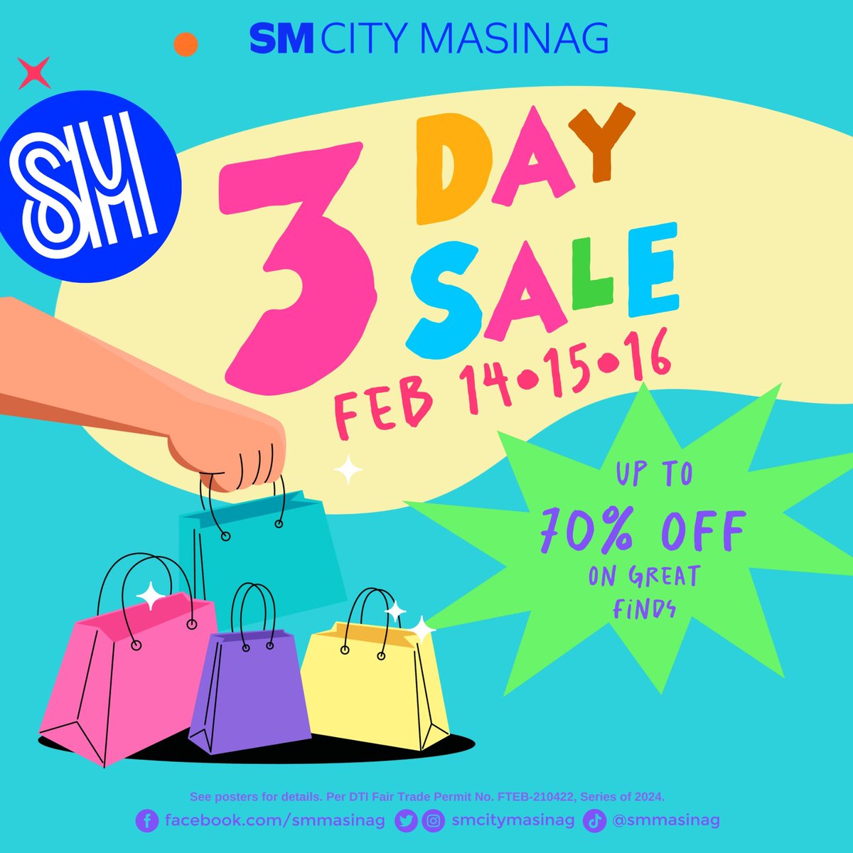 SMCityMasinag's tweet photo. 🎉 3-Day Sale Alert!  🛍️ Get ready for unbeatable deals and #aweSM discounts UP TO 70% OFF happening this Feb 14, 15 &amp; 16 here at #SMCityMasinag! 
Don't miss your chance to save big on your favorite items and a chance to win a brand new SUZUKI S-PRESSO GL AGS! See you here! 🎊✨ https://t.co/D4HZfGN6C3