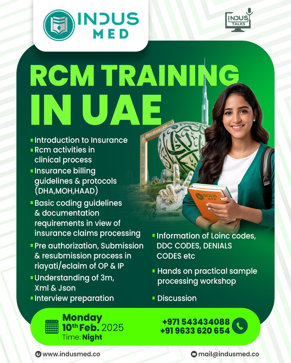 indus_talks's tweet image. RCM TRAINING IN UAE
Starts from 10th February 2025
Intrested Candidates
Enroll Now...
Hurry Up Guyzz......
Time : Night
Website:indusmed.co
Email id:mail@indusmed.co

#indusmed #RCMtraininginuae #introductiontoinsurance
#intership #February10
#DDCcodes