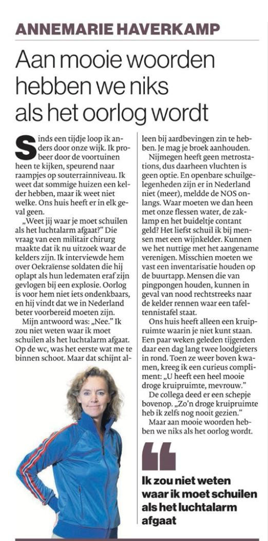 'Weet jij waar je moet schuilen als het luchtalarm afgaat?' Die vraag kon ik alleen maar beantwoorden met 'nee'. Sindsdien speur ik naar kelders in onze wijk. (Bij dit eerdere bericht  van mij hoorde een column, oeps... Hierbij!)
