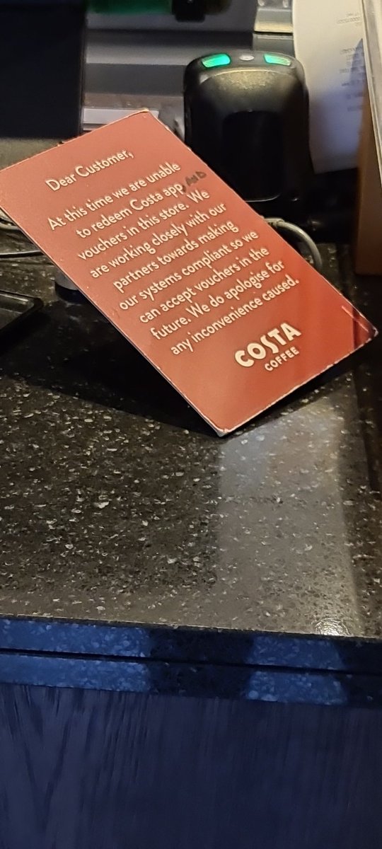 DannyUK's tweet photo. @CostaCoffee Morning, we're in your Euston branch and they aren't able to add out points on. Can you please tell me how I can get these added?

Thanks. https://t.co/RFUDONP9Oi