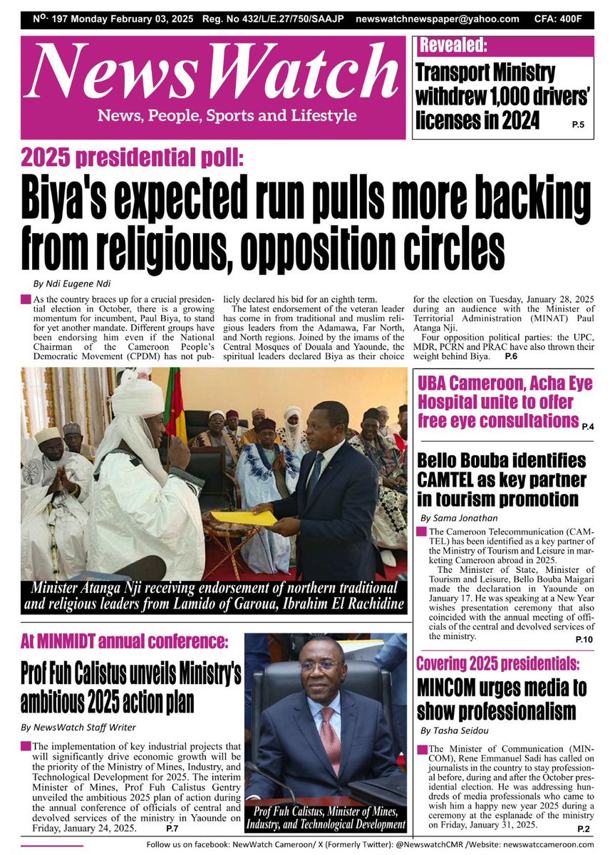 𝟐𝟎𝟐𝟓 𝐏𝐫𝐞𝐬𝐢𝐝𝐞𝐧𝐭𝐢𝐚𝐥 𝐏𝐨𝐥𝐥

Biya's anticipated candidacy garners increased support from religious and opposition circles.
Some religious and opposition groups in the country have endorsed Biya for crucial October 2025 Presidential election 

#NewsWatch #newsupdate