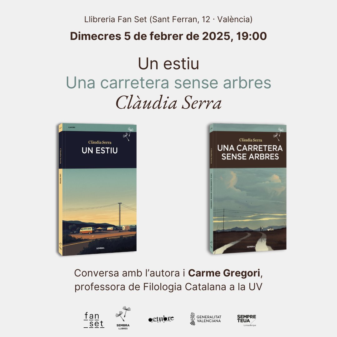 Us recordem que aquest dimecres, a les 19h, presentarem dues obres de Clàudia Serra, "Un estiu" i "Una carretera sense arbres", publicades per <a href="/SembraLlibres/">Sembra Llibres</a>. Us hi esperem!