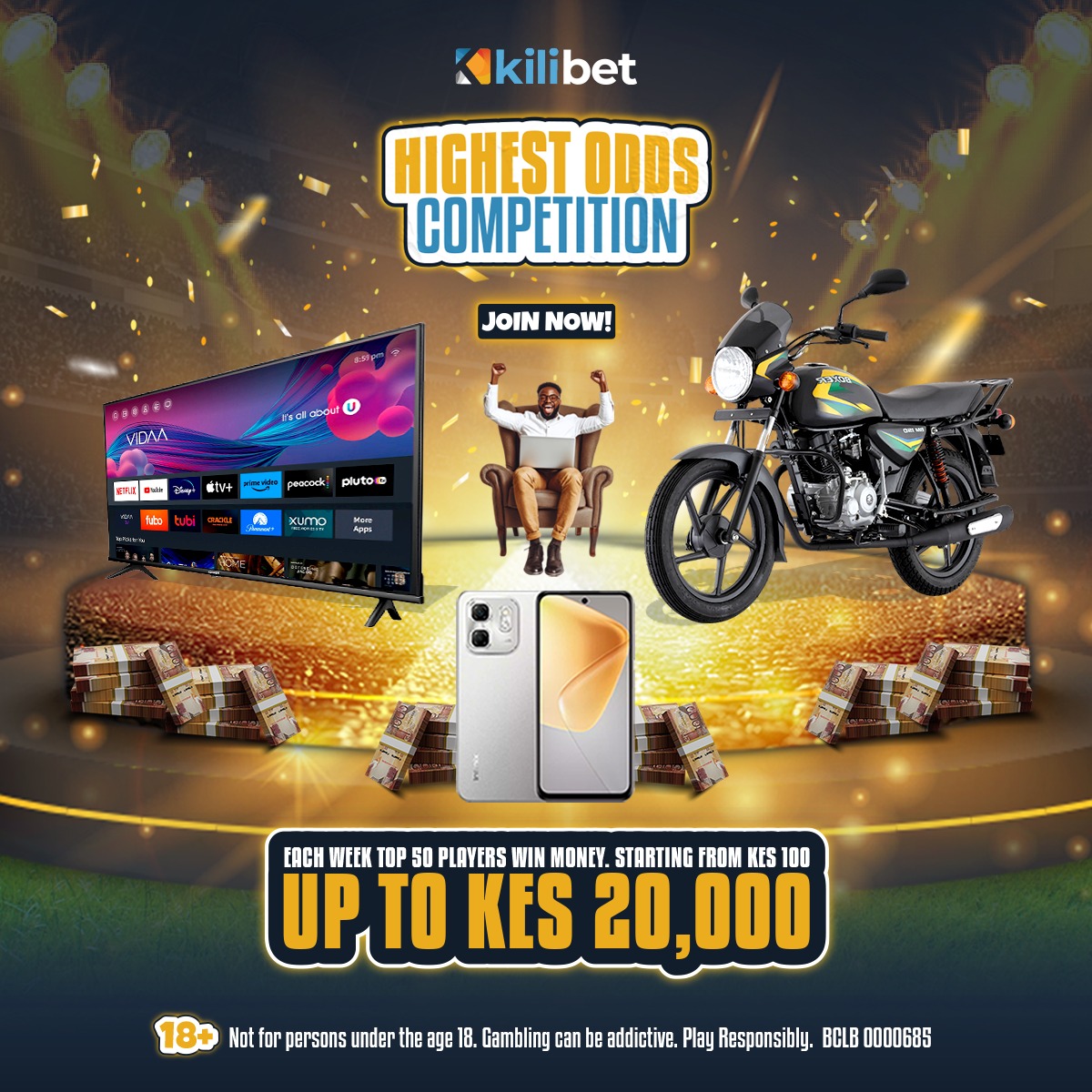 kilibet_ke's tweet photo. 💰 Highest Odd Competition is ON! 💰

🏆 Win KES 20,000, a motorbike, TV &amp; more!
🔥 4 rounds. 50 winners per round.
🎯 Hit the highest odds &amp; claim your reward!

🔗 Find out more at https://t.co/u11LgQakDe

#Kilibet #HighestOdds #competition #winbig https://t.co/zyfP8WakZc