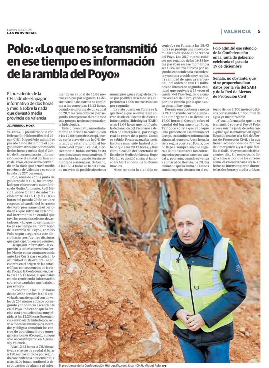 carmencontelles's tweet photo. El Presidente de la Confederación hidrográfica del Jucar , 3 meses sin salir a dar explicaciones. Decía a sus “amigos” q no le dejaban en Moncloa pero realmente escondían su falta de capacidad para responder a la catástrofe y así podían  echar la culpa al resto .Vergonzosa actitud y siempre estrategia politica !