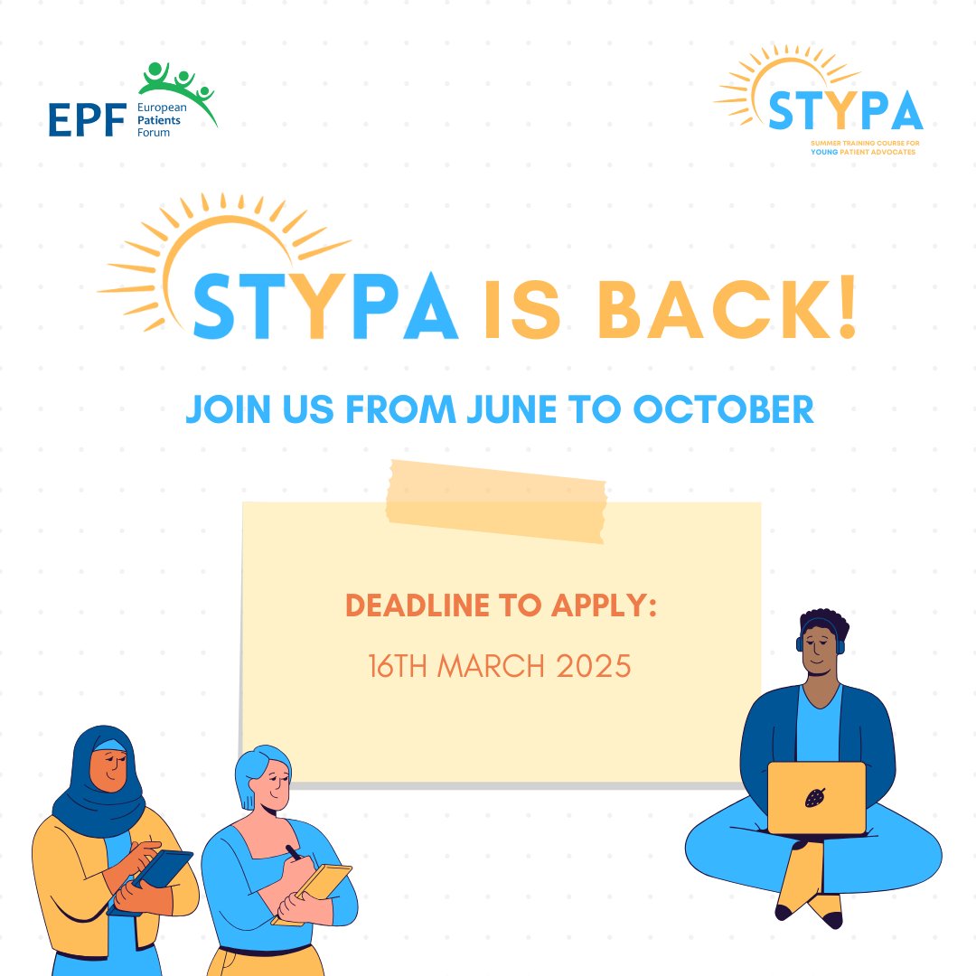 🎓 STYPA stands for Skills Training for Young Patient Advocates, and it's back in 2025!

🤖 This year, the training will focus on #DigitalHealth and #AI in healthcare.
 
The deadline for applications is 16 March 2025 ➡️ bit.ly/4hn1hwN

#STYPA2025 #PatientAdvocacy