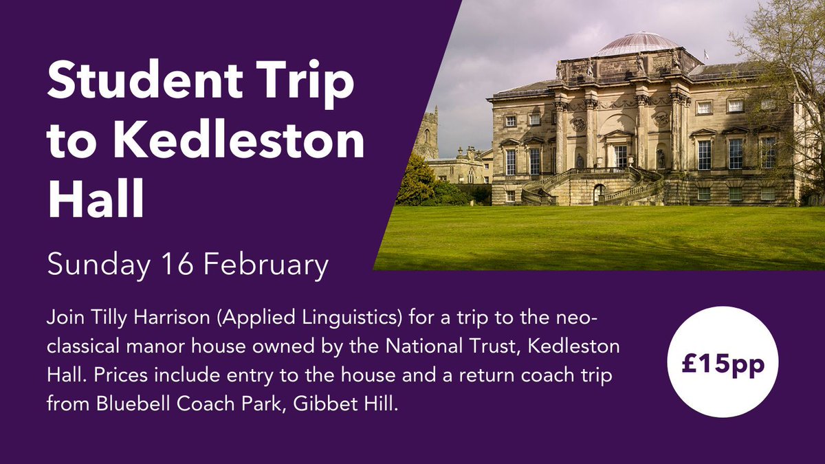 📢 CLL students! Join us for a trip to Kedleston Hall — a stunning National Trust manor 🏛️ on Sunday 16 February.
🎟️ Tickets are £15 (includes entry to the house + return coach) 🚍
🔗 Book now: buff.ly/3Ew2WkJ