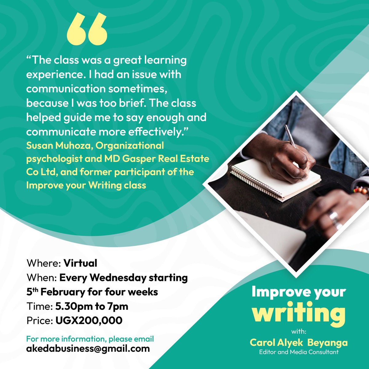 Carol Alyek Beyanga (@akeda3) on Twitter photo The Improve your Writing class starts this week on Wednesday February 5th. Sign up to get helpful tips on how to make writing easier. To register, send your email to akedabusiness@gmail.com. We look forward to having you join us. The Improve your Writing class starts this week on Wednesday February 5th. Sign up to get helpful tips on how to make writing easier. To register, send your email to akedabusiness@gmail.com. We look forward to having you join us.