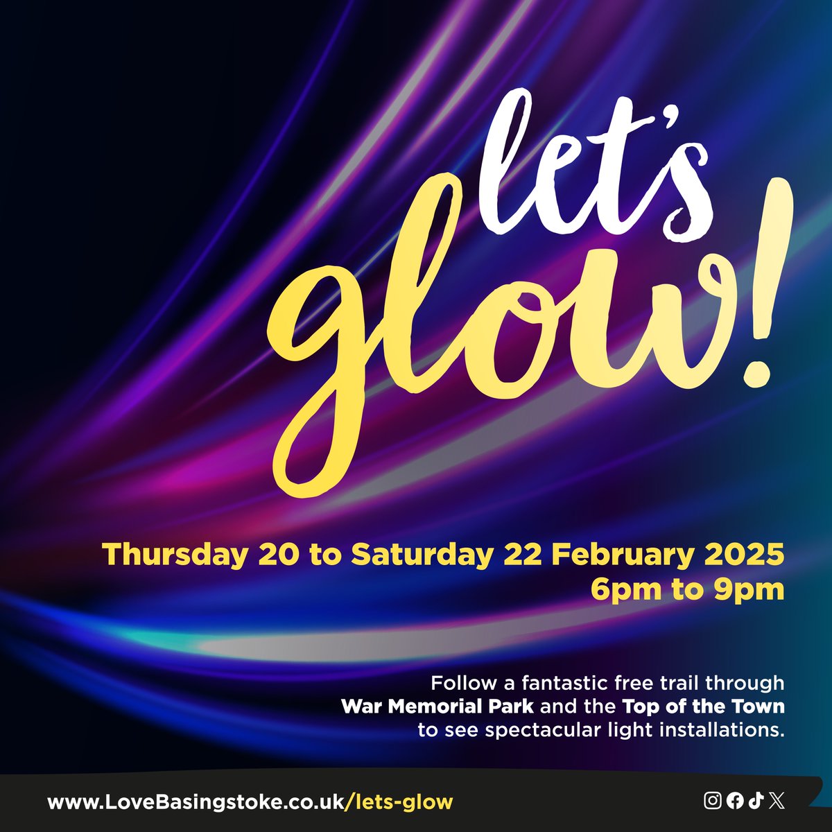 Let's Glow is back to illuminate Basingstoke town centre this February half term!

✨Let's Glow Free light trail✨
Thursday 20 to Saturday 22 February
6pm to 9pm
Across the Top of the Town and War Memorial Park
Free, no booking required
lovebasingstoke.co.uk/lets-glow

#LoveBasingstoke