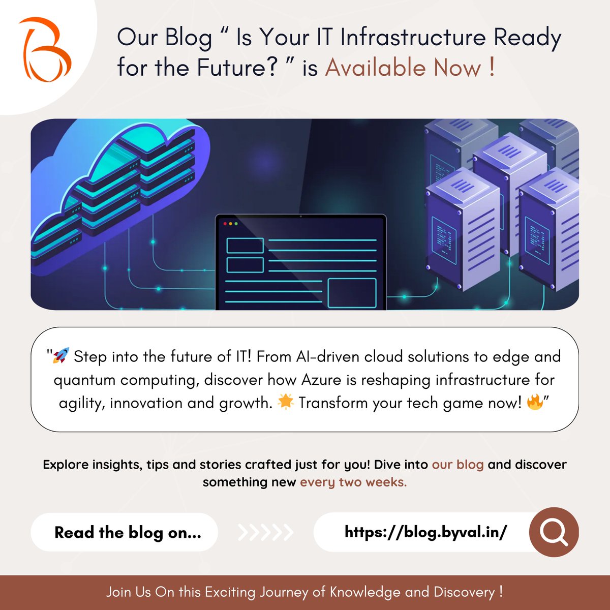 BYVAL_Tech's tweet photo. 📢 Our latest blog explores the key strategies and innovations shaping the future of IT infrastructure. Stay ahead of the curve and build a foundation for long-term success.

📖 Read the full article: [https://t.co/7NG90SDHZA]

#ByValTech #ITInfrastructure #CloudComputing #Azure https://t.co/2sNVwptsb3