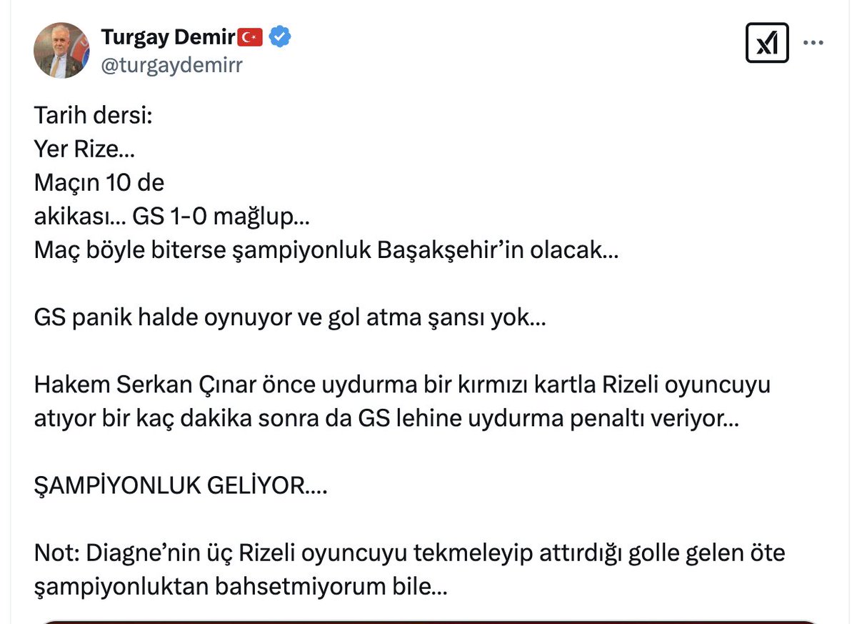 "Tarih dersi" diye başlayan tweet'te tesadüfen dahi olsa 1 tane doğru bilgi yok.

- Dakika 10'da 1-0 önde olan takım Galatasaray'dı. Galatasaray 9. dakikada Feghouli'nin golüyle 1-0 öne geçti.

- "Uydurma penaltı" dediği penaltıyı Galatasaray 1-0 öndeyken kazandı ve Diagne