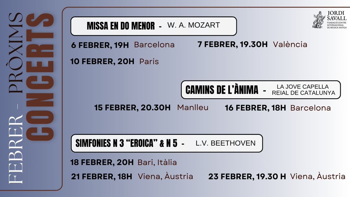 Seguim amb el segon mes de l'any!

Consulteu els pròxims concerts del mes de febrer: jordisavall.com/concerts/