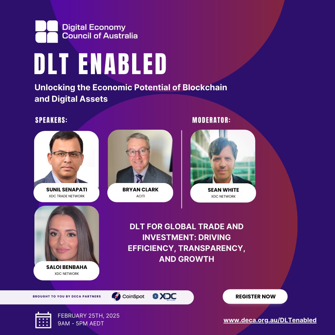 XDC Network’s foundational partnership with @DECAustralia continues into 2025, supporting the #Web3 peak professional body’s expansion into the #DigitalEconomy in Australia with a key sponsorship of their landmark DLT Enabled Summit.

Delving into six key themes, the free online event will offer cutting-edge insights into how DLT is reshaping trade finance, digital assets, payments, tokenization, decentralized finance, and data ownership. Gain a deeper understanding of how these technologies are creating tangible economic and social value across global markets - be sure to register your place!

We at @XDC_Network_  also wish to highlight our colleagues’ involvement, including a Trade Finance panel in this year’s DLT Enabled Online Summit! For the first time, Trade gets a spotlight – as web3 has made tremendous strides in trade document tokenization, title transference, instant & atomic payments, and trade finance distribution opportunities for the continuum of SMEs to larger Corporations.

Early in the day, Santosh Vishwasrao of #XDCPayments contributes to the “Blockchain Powered Cross-Border Payments” panel - then later in the day, you may find @SaloiBenbaha , @SunilSenapatiGo , and Bryan Clark (ACITI) are bringing awareness to the leading edge of RWA Tokenisation in International Trade and Investment - and explore this new asset class of private debt ( @SeanoftheWeb3 of @XDC_Australia is the moderator for this exciting discussion). 

Explore how DLT streamlines trade processes, reduces fraud - and unlocks billions in global trade value for all sides, driving economic growth through efficiency, programmability, and transparency.

Attendees will discover strategic approaches and the latest advancements, demonstrating DLT’s central role in enhancing global economic activities across the digital economy in various utilities.

This all-day online summit will provide deep insights into how Distributed Ledger Technology (DLT) is fundamentally reshaping the digital economy worldwide.

XDC Network is a proud sponsor of #DLTEnabled2025 and a Foundational Partner of DECA.

📅February 25, 2025
🕰️ 9:00 AM – 5:00 PM AEDT
📍 Online & Free

For more details and to register, visit: https://t.co/rnjAJqesPv

Register Today:
https://t.co/D4hTcE0NYE

#MLETR #BlockchainTechnology #DLT #Blockchain #Trade #BetterThanPaper #TradeFinance #TradeFi #RWA #Tokenisation #XDC #auspol