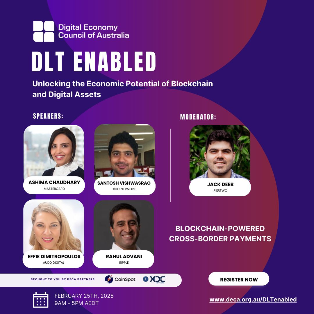 XDC Network’s foundational partnership with @DECAustralia continues into 2025, supporting the #Web3 peak professional body’s expansion into the #DigitalEconomy in Australia with a key sponsorship of their landmark DLT Enabled Summit.

Delving into six key themes, the free online event will offer cutting-edge insights into how DLT is reshaping trade finance, digital assets, payments, tokenization, decentralized finance, and data ownership. Gain a deeper understanding of how these technologies are creating tangible economic and social value across global markets - be sure to register your place!

We at @XDC_Network_  also wish to highlight our colleagues’ involvement, including a Trade Finance panel in this year’s DLT Enabled Online Summit! For the first time, Trade gets a spotlight – as web3 has made tremendous strides in trade document tokenization, title transference, instant & atomic payments, and trade finance distribution opportunities for the continuum of SMEs to larger Corporations.

Early in the day, Santosh Vishwasrao of #XDCPayments contributes to the “Blockchain Powered Cross-Border Payments” panel - then later in the day, you may find @SaloiBenbaha , @SunilSenapatiGo , and Bryan Clark (ACITI) are bringing awareness to the leading edge of RWA Tokenisation in International Trade and Investment - and explore this new asset class of private debt ( @SeanoftheWeb3 of @XDC_Australia is the moderator for this exciting discussion). 

Explore how DLT streamlines trade processes, reduces fraud - and unlocks billions in global trade value for all sides, driving economic growth through efficiency, programmability, and transparency.

Attendees will discover strategic approaches and the latest advancements, demonstrating DLT’s central role in enhancing global economic activities across the digital economy in various utilities.

This all-day online summit will provide deep insights into how Distributed Ledger Technology (DLT) is fundamentally reshaping the digital economy worldwide.

XDC Network is a proud sponsor of #DLTEnabled2025 and a Foundational Partner of DECA.

📅February 25, 2025
🕰️ 9:00 AM – 5:00 PM AEDT
📍 Online & Free

For more details and to register, visit: https://t.co/rnjAJqesPv

Register Today:
https://t.co/D4hTcE0NYE

#MLETR #BlockchainTechnology #DLT #Blockchain #Trade #BetterThanPaper #TradeFinance #TradeFi #RWA #Tokenisation #XDC #auspol