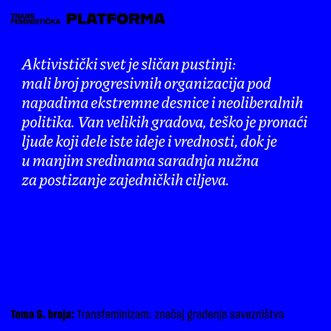TransMreza's tweet photo. 📖 Drage naše i dragi naši, novi tekst je online! 🆕

🔸 Savezništva u pustinji 🔸

U aktivističkom svijetu, koji često podsjeća na pustinju, ključ opstanka je saradnja. Dok se suočavamo s pritiscima i napadima, važno je prepoznati zajedničke vrijednosti i graditi savezništva – čak i kada se ne slažemo u svemu.

Lokalni konteksti traže prilagođene strategije, a preživljavanje progresivnih inicijativa zavisi od solidarnosti i zajedničke vizije. Kako gradimo mostove u vremenu rastuće represije?

Ovaj magazin rađen je u saradnji sa našim kolegama_inicama iz lokalnih organizacija u regionu: Kolektiv Talas TIRV, Asocijacija Spektra i KolekTIRV. 🏳️‍⚧️

Ovaj broj magazina finansijski je podržan od strane: Rosa Luxemburg Stiftung Southeast Europe 🌹

Tekst u cjelosti pročitajte na linku: https://t.co/e7lWYAXrWS 🤩