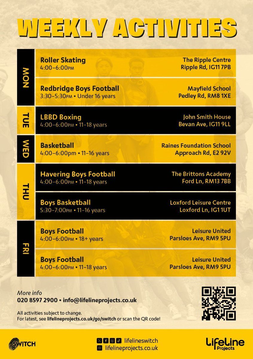 🌟 Join Lifeline Switch for after-school activities! 🌟  

🕒 Mon-Fri, 3:30 PM - 7:00 PM  
⚽🏀🤼‍♂️🥊  Roller Skating, Football, Boxing, Basketball &amp; more!  
📍 Locations across Barking &amp; Dagenham, Redbridge, and Havering.  

More info: buff.ly/40OPu4f  
#YouthEmpowerment
