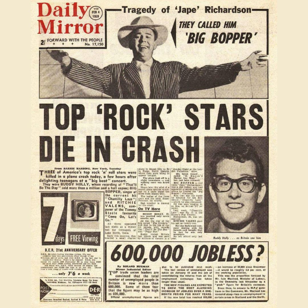 VintageRockMag's tweet photo. The Day The Music Died...
On this day in 1959, we lost Buddy Holly (aged 22), The Big Bopper (aged 28), and Ritchie Valens (aged 17)... We will never forget them or the incredible music they made. https://t.co/WQ6fdxylCB