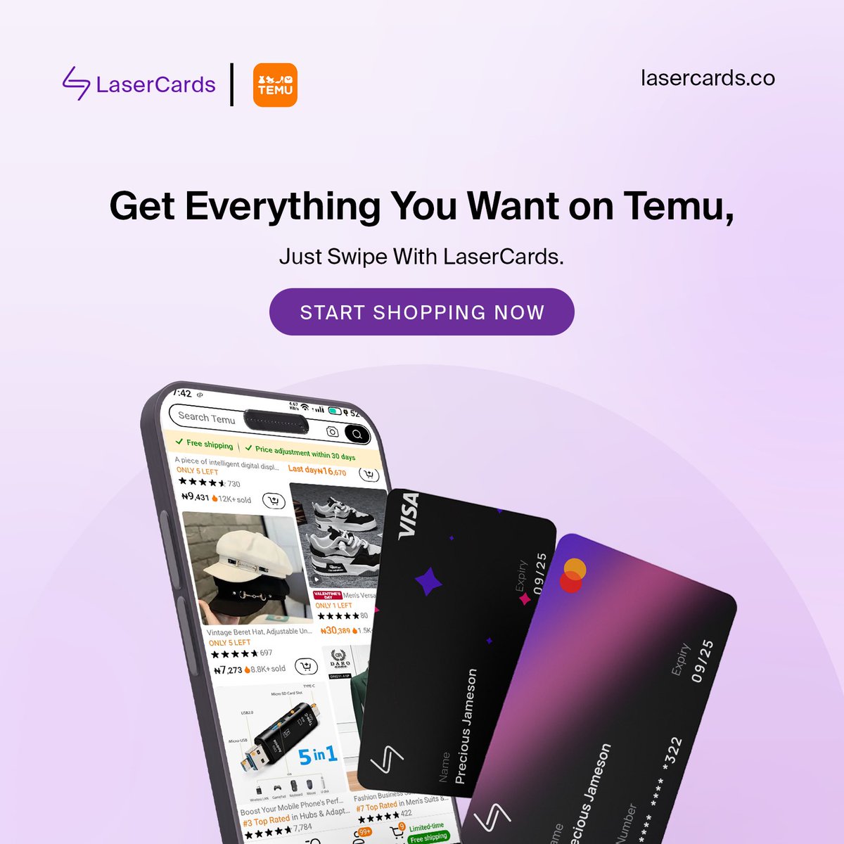 lasercardsco's tweet photo. You can use your LaserCards virtual dollar card to get everything you want from Temu. 

It’s easy, fast and convenient. 

Start shopping now!😉

#Temu #LaserCards #onlineshopping https://t.co/M56ftZtcIX