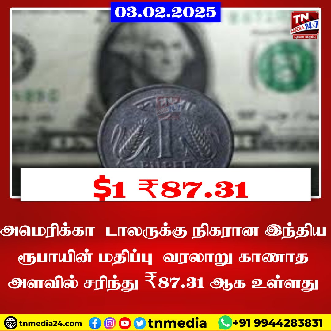 tnmediatamil's tweet photo. இந்திய ரூபாயின் மதிப்பு மேலும் சரிவு!
#USD #Ruppes #tnmedia24x7 https://t.co/YPgmzLG2Ib