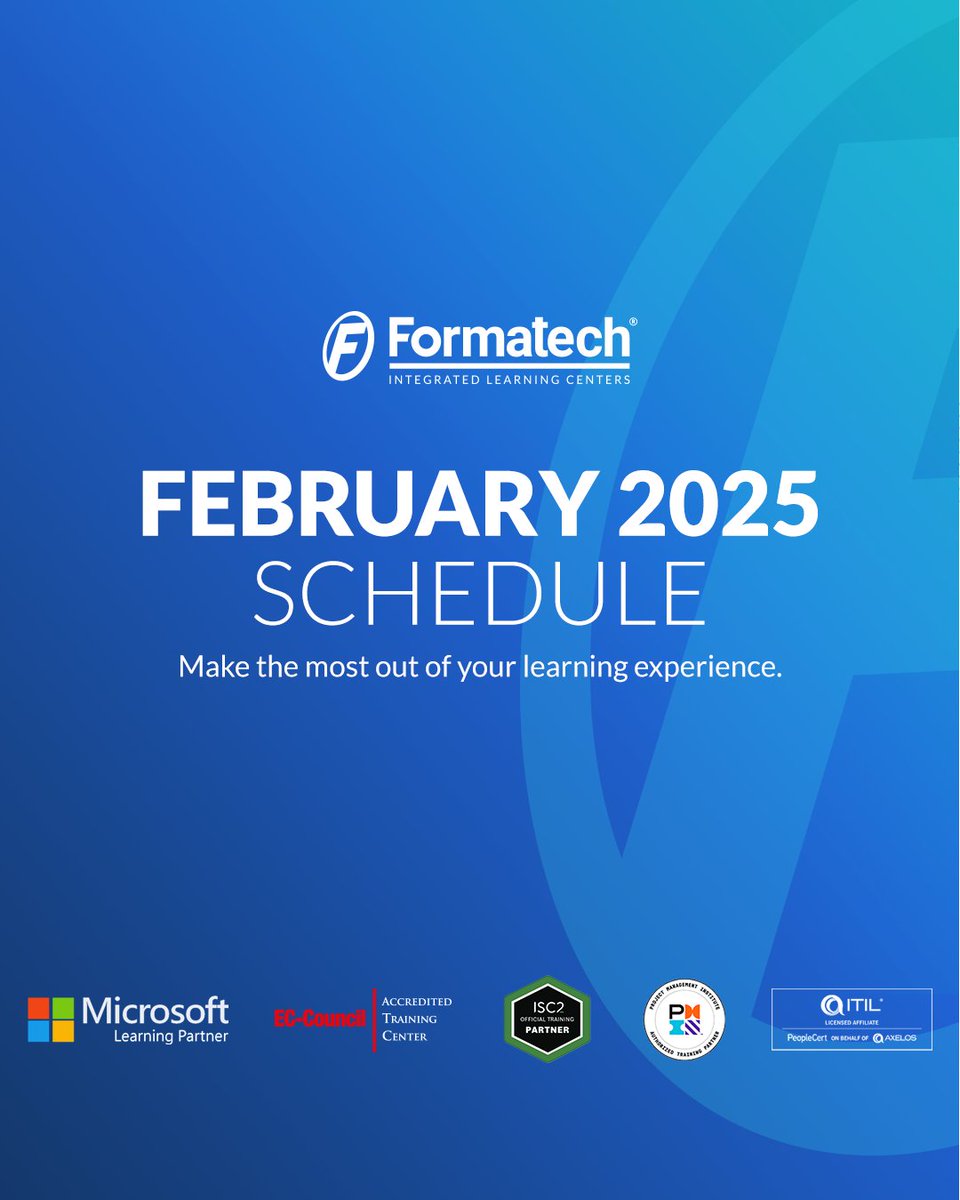formatechedu's tweet image. Formatech training programs are all accredited by International Companies such as PMI, Microsoft, EC-Council, AWS, CompTIA, PECB, ISC2, CertNexus, PeopleCert, Cambridge and more.

Check out our February calendar and mark your dates!  bit.ly/3Ew8fAI

#Formatech30years