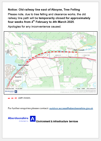 ⚠️Path closure, east of #Aboyne ⚠️
4th February for 4 weeks.
Part of the old railway line east of Aboyne (approx Aboyne loch to Kirkton Cottages ) will be closed for tree works
More info: ⚠️Path closure, east of... - Aberdeenshire Council Ranger Service | Facebook