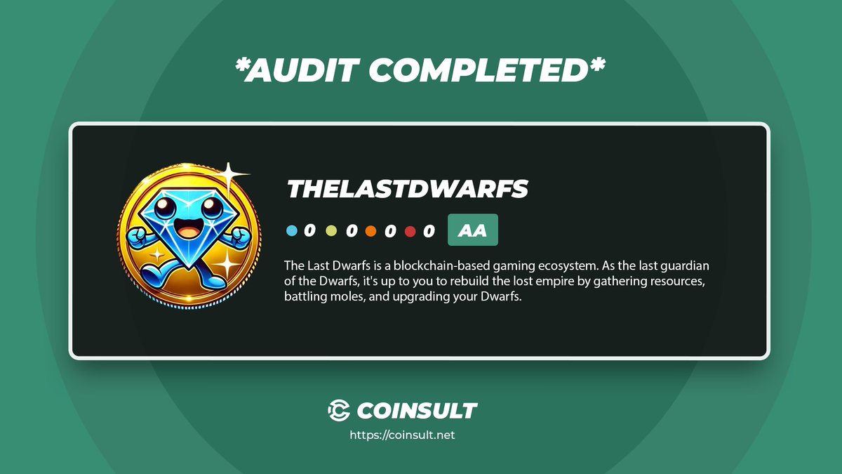 CoinsultAudits's tweet photo. 🔒 AUDIT COMPLETED FOR THELASTDWARFS

🎁 GIVEAWAY: $10 (48 hours)

1⃣ Follow @TheLastDwarfs & @CoinsultAudits
2⃣ Like + RT this tweet
3⃣ Place a comment 💬

Go check out the full project page of TheLastDwarfs 👇
https://t.co/uRQ9hZ8bvQ

#giveaway #audit #smartcontract #cryptogiveaway #crypto #pinksale
