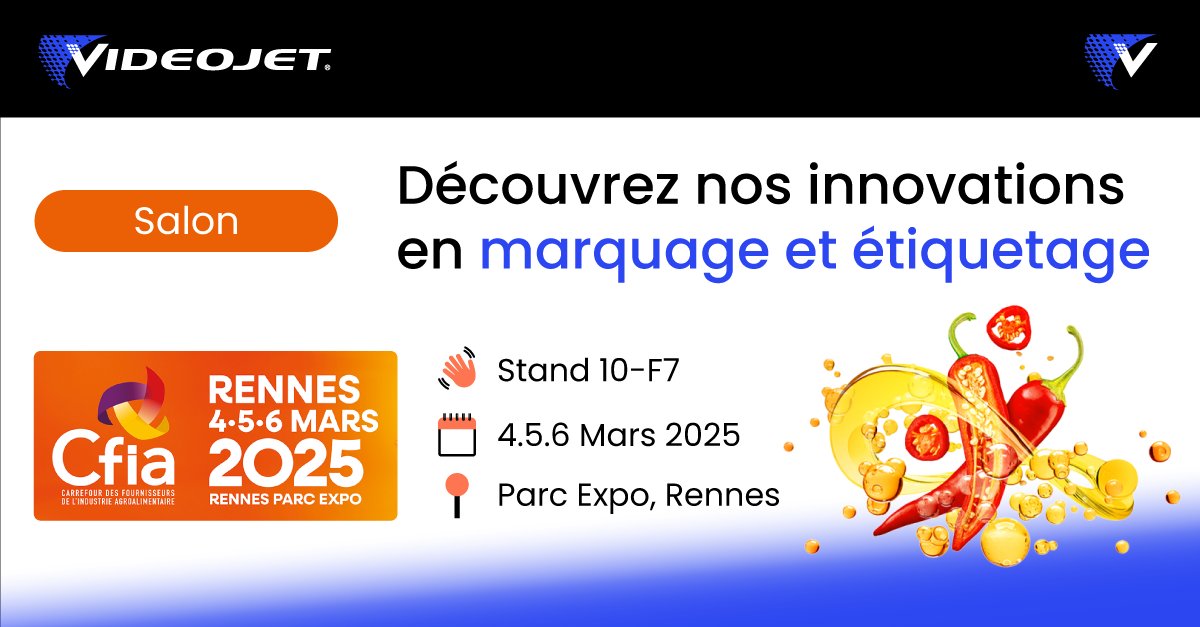 Videojet sera au Salon CFIA Rennes du 4 au 6 mars ! Découvrez nos solutions innovantes en marquage laser et impression à jet d’encre. Nos experts seront là pour échanger avec vous. 📍10-F7. Obtenez votre badge : ow.ly/JBbx50UMjU0

#Videojet  #CfiaRennes