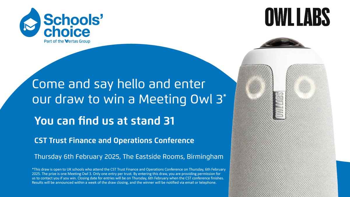 Attending the CST Trust Finance and Operations Conference this week? Come and visit Schools’ Choice on stand 31 for your chance to win a Meeting Owl 3! <a href="/CSTvoice/">Confederation of School Trusts</a> #CSTFinOps

Find out more: bit.ly/40pGuRF.