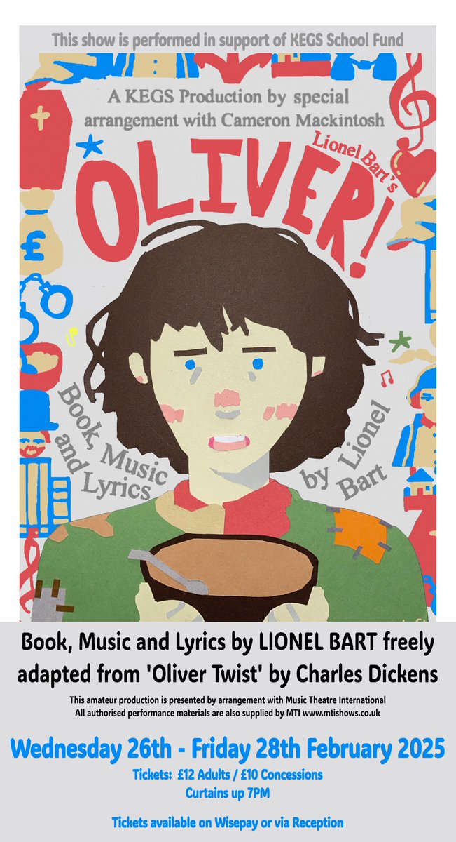 KEGS PROUDLY PRESENTS 'OLIVER'
WEDNESDAY 26 TO FRIDAY 28 FEBRUARY, 7pm
It's going to be another KEGS spectacular! Tickets are £12 adults &amp; £10 concessions (under 18s &amp; over 65s). Get yours via Wisepay or email finance@kegs.org.uk
We can't wait to welcome you!
