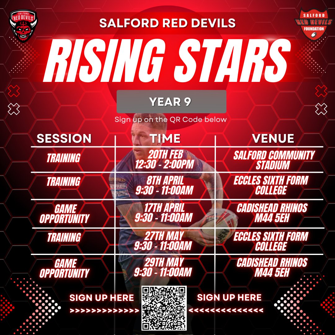 SalfordRLFC_F's tweet photo. 🌟Rising Stars 2025!🌟

👹The Rising Stars Programme is back &amp; giving Year 9, 10, and 11 students the opportunity to access more training and game opportunities!

✍️Sign up now by scanning the QR code on the poster below!

@SalfordDevils https://t.co/3ES67pZo75