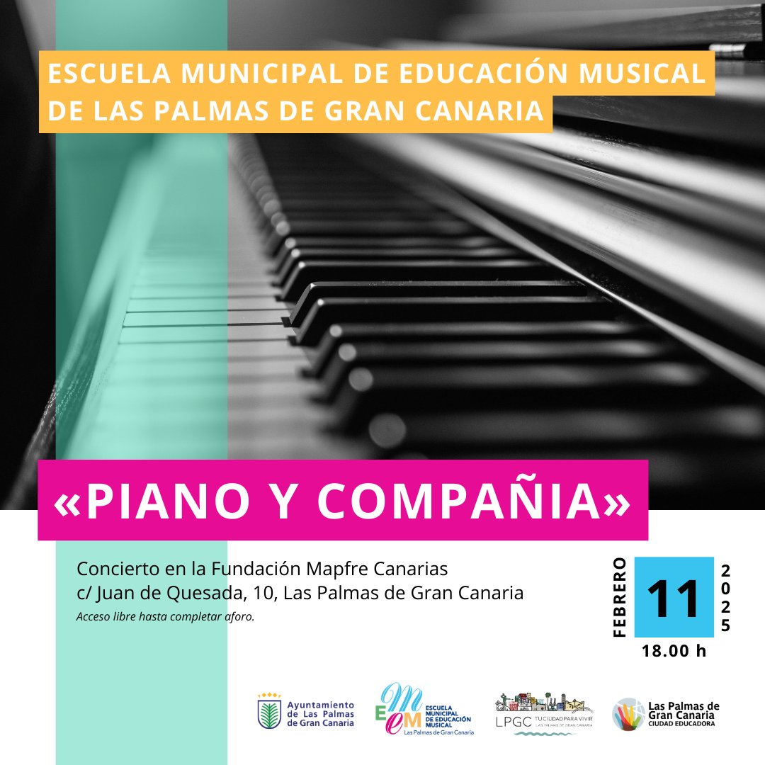 EMEMLasPalmas's tweet photo. Les invitamos a acompañarnos en el recital «Piano y compañía» que una representación del alumnado de la Escuela Municipal de Educación Musical de Las Palmas de Gran Canaria celebrará el martes 11 de febrero a las 18 h en la @fmapfrecanarias. https://t.co/x7E7XzXOBN