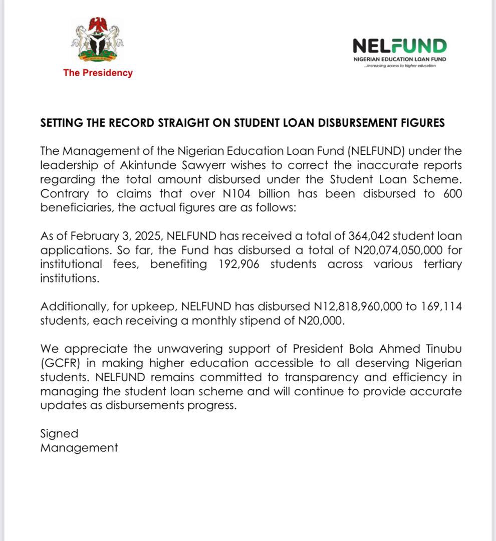 Important Notice on student loan disbursement figures
#NELFUND #studentloan