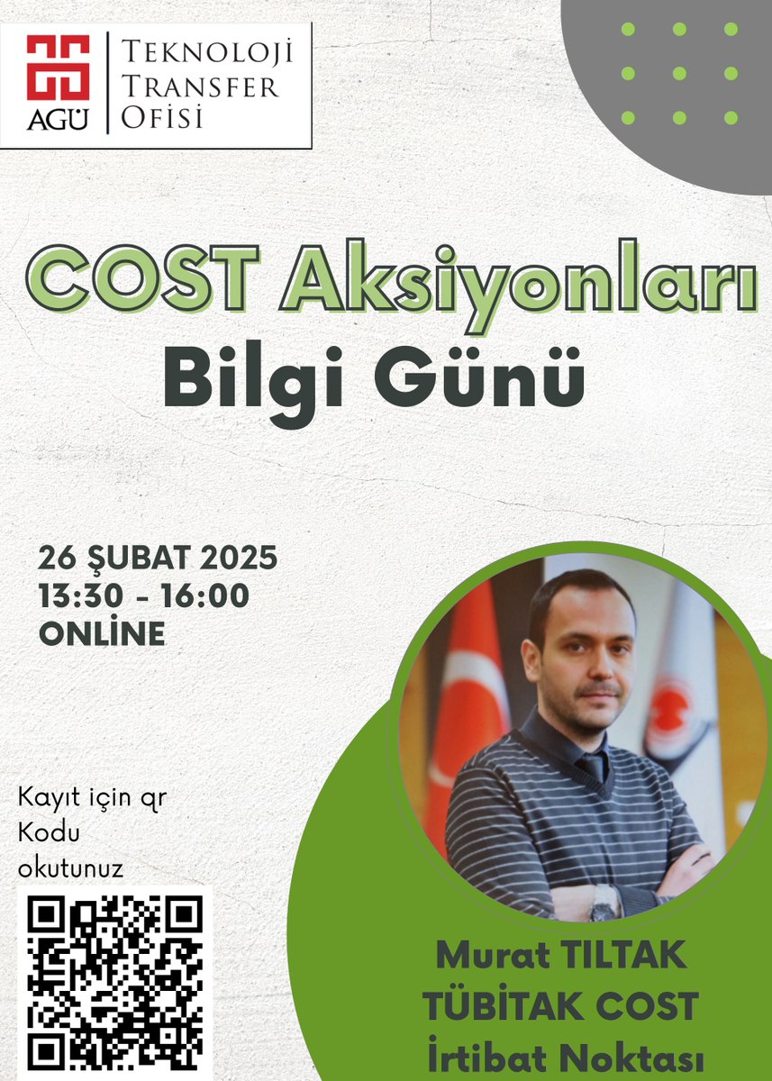 ttoagu's tweet photo. 26 Şubat 2025, 13:30 – 16:00 saatleri arasında, TÜBİTAK COST İrtibat Noktası Sayın Murat TILTAK’ ın sunumuyla  COST Bilgi Günü Online olarak düzenlenecektir.

Programa qr kodu okutarak veya https://t.co/6JAsmE7uue linki üzerinden kaydolabilirsiniz. https://t.co/pSxSzTxsMr