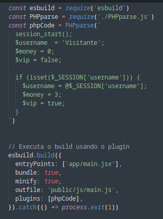 Olá #bolhadev estou desenvolvendo algo "bobo". Criei um plugin para esBuild para conseguir compilar PHP de um projeto React sem ficar fazendo requisições.  O modo tradicional sabe? <?php echo "exemplo"; ?> Eu sei que existe projetos MVC como laravel que "resolvem" essa situação