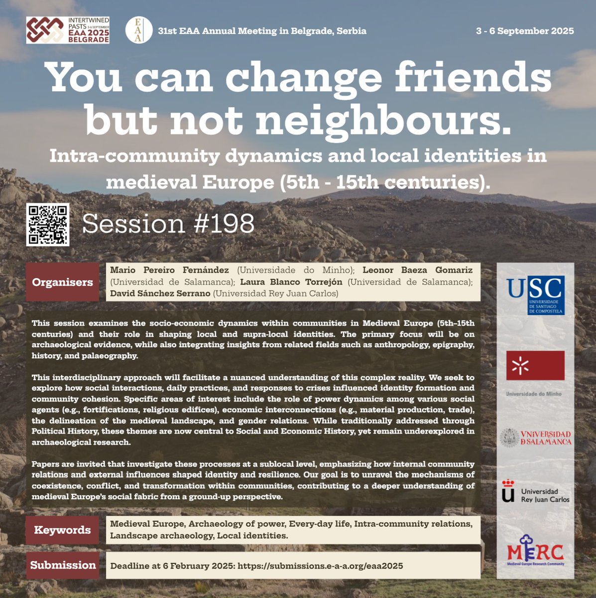 Leonor Baeza Gomariz (@leonorbaezag) on Twitter photo 📢The CfP for <a href="/archaeologyEAA/">European Association of Archaeologists</a> is still open‼️
If you study intra-community dynamics and the construction of local and supralocal identities in the Middle Ages, don't hesitate to send your paper to Session #198.
🔴Until February 6th 🔴
More information #EAA2025 #EAABelgrade⬇️ 📢The CfP for <a href="/archaeologyEAA/">European Association of Archaeologists</a> is still open‼️
If you study intra-community dynamics and the construction of local and supralocal identities in the Middle Ages, don't hesitate to send your paper to Session #198.
🔴Until February 6th 🔴
More information #EAA2025 #EAABelgrade⬇️
