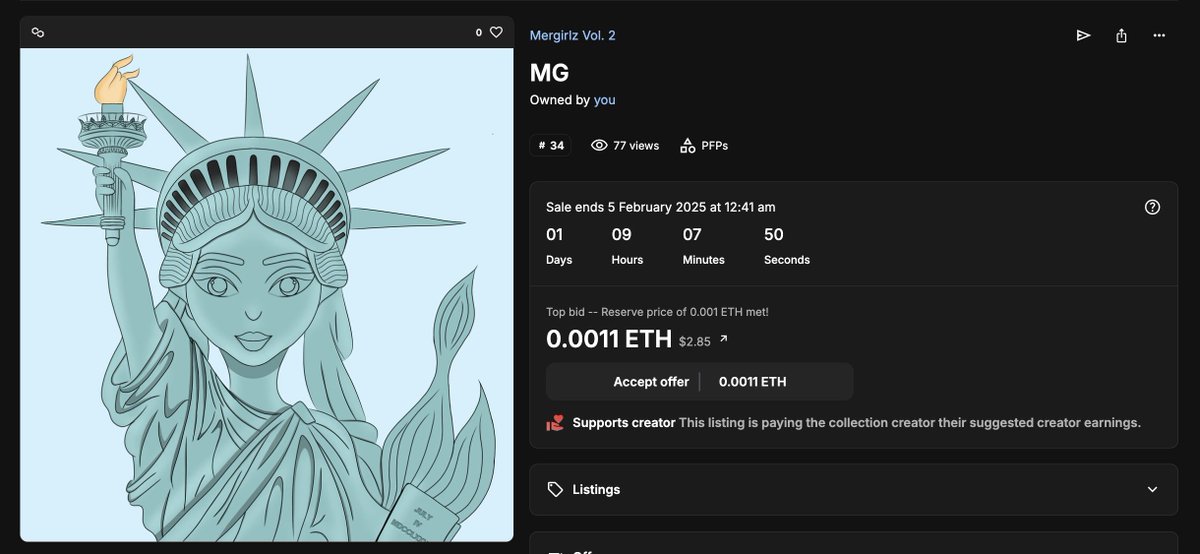 🔥 Liberty Mergirl is still up for auction! 🔥

This unique piece from Mergirlz Vol. 2 draws inspiration from the iconic Statue of Liberty, blending strength, beauty, and freedom in true Mergirlz style. 🌊🗽

✨ Auction ends soon!
🕒 Ends: February 5, 2025
💰 Current bid: 0.0011