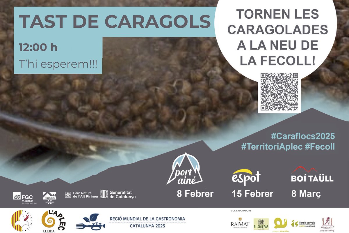 AplecCaragol's tweet photo. #Caraflocs2025 Tornen les caragolades a la neu de la Fecoll!
#8febrer Port Ainé
#15febrer Espot
#8març Boí Taüll
🐌Tastet 5€. No cal inscripció prèvia.
#SomFecoll #TerritoriAplec #SomGastronomia #PirineuLleida #Esquí #Neu
+info QR https://t.co/pYOiGlPDI8 https://t.co/mOcHlsG8JI